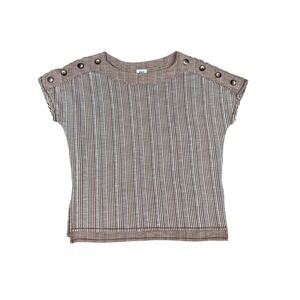 BKE Brown Striped Boat Neck Top Small Shoulder Button Accents Ribbed Knit Tee